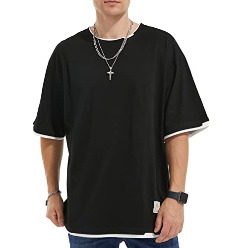 GIJOVANA Tshirt Herren Kurzarm mit Rundhalsausschnitt Farbblock Gespleißtes T-Shirt Sommer Casual Baumwolle Tops für Männer(Schwarz,2XL) von GIJOVANA