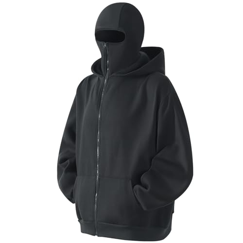 GIJOVANA Warme Zip Hoodie Herren mit Sturmhauben Hip Hop Sweatjacke mit Kapuze Oversized Kapuzenpullover mit Motorradmaske (Charcoalgrau,L) von GIJOVANA