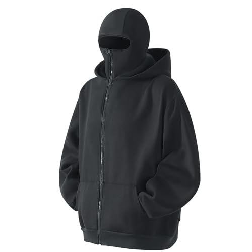 GIJOVANA Warme Zip Hoodie Herren mit Sturmhauben Hip Hop Sweatjacke mit Kapuze Oversized Kapuzenpullover mit Motorradmaske (Charcoalgrau,S) von GIJOVANA