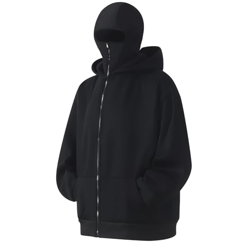 GIJOVANA Warme Zip Hoodie Herren mit Sturmhauben Hip Hop Sweatjacke mit Kapuze Oversized Kapuzenpullover mit Motorradmaske (Schwarz,5XL) von GIJOVANA