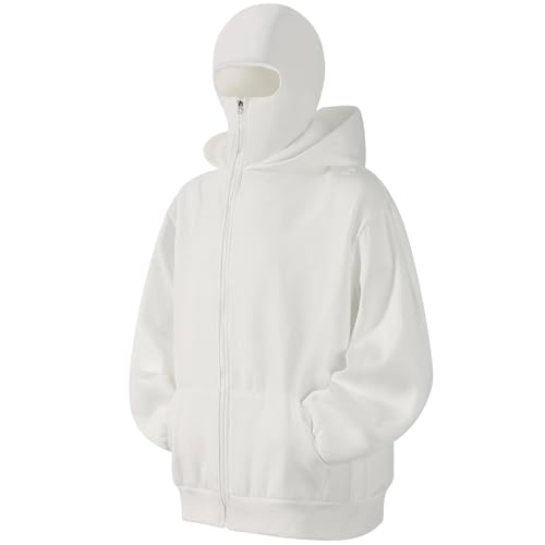 GIJOVANA Warme Zip Hoodie Herren mit Sturmhauben Hip Hop Sweatjacke mit Kapuze Oversized Kapuzenpullover mit Motorradmaske (Weiß,L) von GIJOVANA