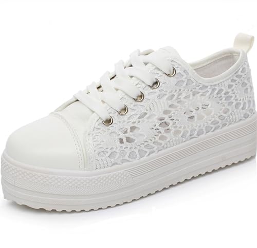 Frauen Segeltuch Spitze Mesh Turnschuhe Sommer Schnüren Atmungsaktiv Halbschuhe Schuhe Runde Zehe Anti-Rutsch Plattform Turnschuhe (Color : White, Size : 37 EU) von Gikleihwy