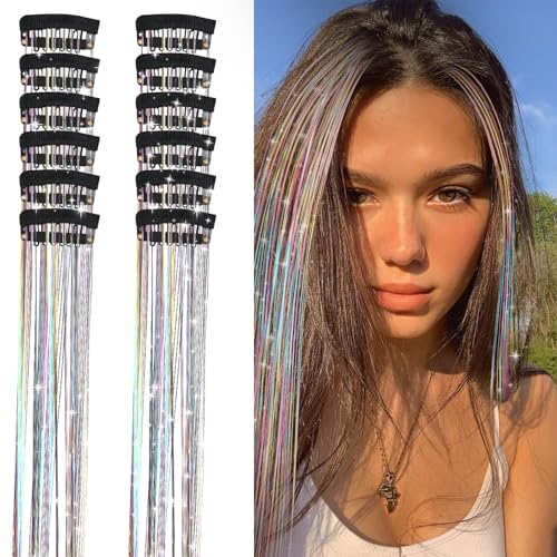 12-teiliges Haar-Lametta, 20,5 Zoll Clip-in-Haarverlängerung, Regenbogen-Haar-Lametta, Feen-Haar-Lametta-Set, Regenbogen-Haarverlängerungen, Clip-Glitzer für Haar-Accessoires für Frauen und Mädchen von GIKPAX