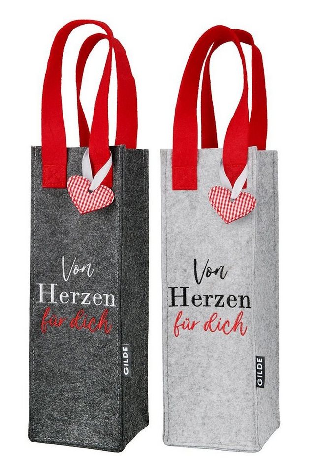 GILDE Shopper Flaschentaschen Love 2er Set Filz Grau Anthrazit Geschenkverpackung von GILDE