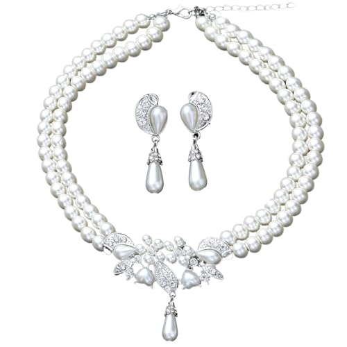 GILIEYER 2pcs Perlenkette Ohrring Set, Modeschmuck Set KüNstliche WeißE Perlenkette Perlenohrringe Perlenschmuck Set Beads Jewelry Elfenbein Schmuck Brautschmuck Perlen (Stil2) von GILIEYER