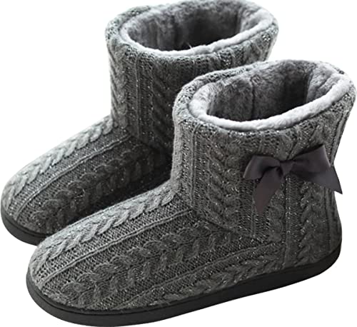 GILKUO Hausschuhe Damen Winter Hausstiefel Warm Plüsch Fell Gefüttert Hüttenstiefel Hohe Hüttenschuhe Pantoffeln Frauen Feste Sohle Grau Größe 41 42 von GILKUO