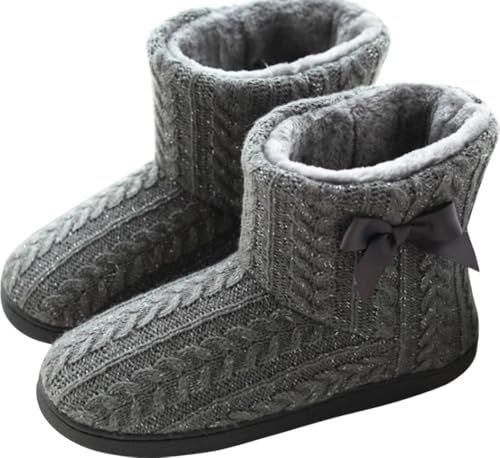 GILKUO Hausstiefel Damen Hausschuhe Winter Warm Plüsch Hüttenschuhe Feste Sohle Fell Stiefel Hohe Pantoffeln Gefüttert Hüttenstiefel Grau Größe 40 41 von GILKUO
