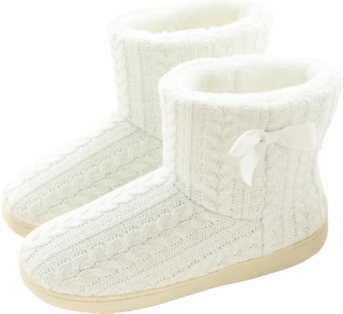 GILKUO Hausstiefel Damen Hausschuhe Winter Warm Plüsch Hüttenschuhe Feste Sohle Fell Stiefel Hohe Pantoffeln Gefüttert Hüttenstiefel Weiß Größe 39 40 von GILKUO