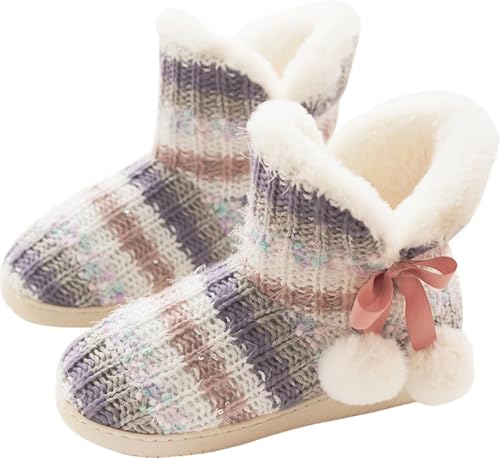 GILKUO Hausstiefel Damen Hausschuhe Winter Warm Plüsch Hüttenschuhe Feste Sohle Fell Stiefel Hohe Pantoffeln Hüttenstiefel Mehrfarbig Größe 39 40 von GILKUO