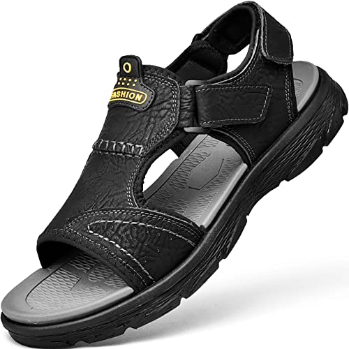 GILKUO Sandalen Herren Leder Outdoor Trekking Trekkingsandalen Sommer Outdoorsandalen Offen Klettverschluss Fussbett Ledersandalen für Männer Größe 41 Schwarz von GILKUO