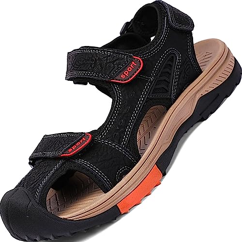 GILKUO Sandalen Herren Leder Geschlossen Trekkingsandalen Trekking Sommer Outdoor Outdoorsandalen Sport Wandern Klettverschluss Größe 40 Schwarz von GILKUO