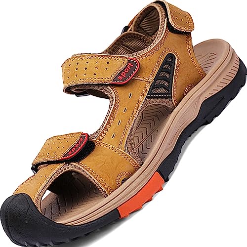 GILKUO Sandalen Herren Leder Geschlossen Trekkingsandalen Trekking Sommer Outdoor Outdoorsandalen Sport Wandern Klettverschluss Größe 43 Gelb von GILKUO