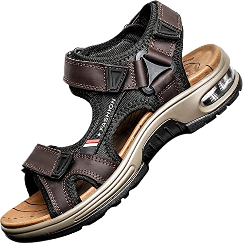 GILKUO Sandalen Herren Leder Outdoor Trekkingsandalen Trekking 0utdoorsandalen Sommer Offene Klettverschluss Sport Wander Größe 39 Dunkelbraun von GILKUO