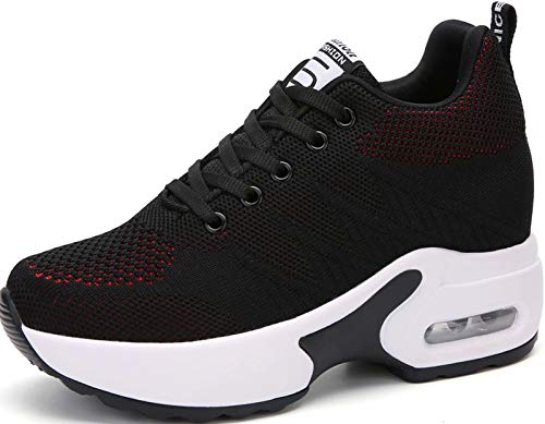 GILKUO Wedges Damen Sneaker Mit Keilabsatz Schuhe Sommer Sportschuhe Atmungsaktive Rot Schwarz Größe 38 von GILKUO
