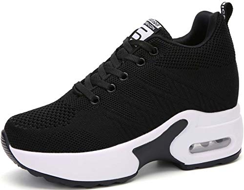 GILKUO Wedges Damen Sneaker Mit Keilabsatz Schuhe Sommer Sportschuhe Atmungsaktive Schwarz Größe 37 von GILKUO