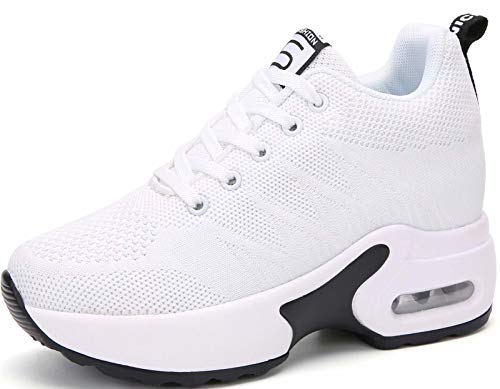 GILKUO Wedges Damen Sneaker Mit Keilabsatz Schuhe Sommer Sportschuhe Atmungsaktive Weiß Größe 36 von GILKUO