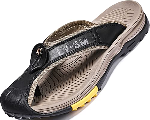 GILKUO Zehentrenner Herren Sandalen Leder Sommer Ledersandalen Männer Outdoor OutdoorSandalen Pantoletten Clogs Größe 38 Schwarz von GILKUO