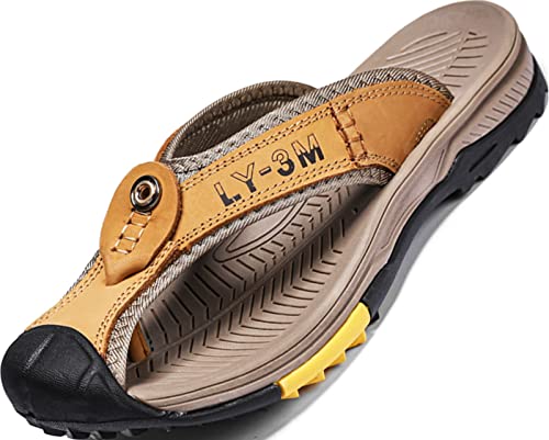 GILKUO Zehentrenner Herren Sandalen Leder Sommer Ledersandalen Männer Outdoor OutdoorSandalen Pantoletten Clogs Größe 39 Gelb Braun von GILKUO