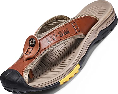 GILKUO Zehentrenner Herren Sandalen Leder Sommer Ledersandalen Männer Outdoor OutdoorSandalen Pantoletten Clogs Größe 40 Rot Braun von GILKUO