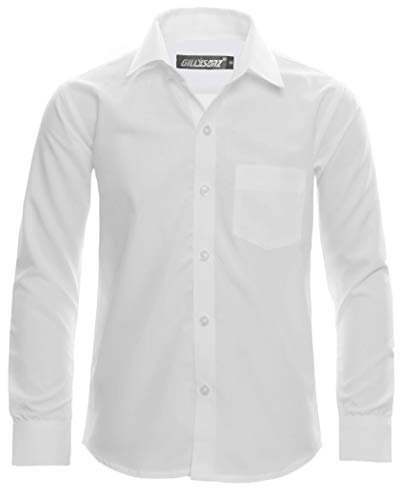 GILLSONZ A1vDa Kinder Party Hemd Freizeit Hemd bügelleicht Lange Arm, Weiß, 140/146 (Herstellergröße: 12) von GILLSONZ