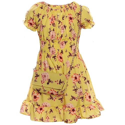 GILLSONZ KK0001 KK5001-2 Mädchen Party Freizeit Sommer Kleid mit Tasche (as3, Numeric, Numeric_140, Numeric_146, Regular, Gelb) von GILLSONZ