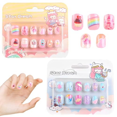 Nägel Zum Aufkleben für Kinder, 2 Sätze Beauty Selbstklebende Kunstnägel in vielen Mustern, Selbstklebende Fingernägel Set, False Nail Set Künstliche Nail Tips Geschenk für Mädchen Nägel Geschenk von GILWUMO