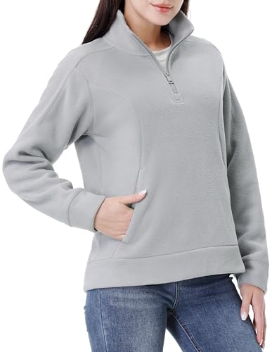 GIMECEN Damen Weicher Polarfleecepullover Viertelreißverschluss Sweatshirt Langarm Sweater Jacke Casual Herbst Outerwear, Hellgrau, M von GIMECEN