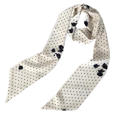 GIMIRO Eleganter Damen-Seidenschal 140 x 9cm Polka-Dot-Muster mit Blumen, Weiß-Schwarz, Schleifendesign (White Black Mini Dots Daisy) von GIMIRO