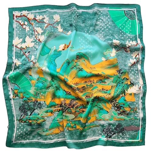 GIMIRO Frauen 70x70cm Schal Simulierte Seide Blumen Schal Krawatte Hahnentritt-Bandana (Green Yellow Mountains Fairy and Magnolia) von GIMIRO