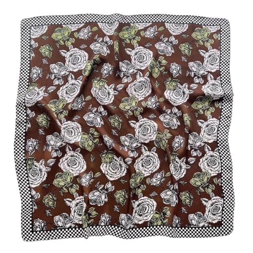 GIMIRO Frauen 70x70cm Schal Simulierte Seide Blumen Schal Krawatte Hahnentritt-Bandana (Coffee Black Plaid White Olive Rose FJ931-1) von GIMIRO