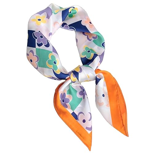 GIMIRO Frauen 70x70cm Schal Simulierte Seide Quadratisches Damen-Halstuch Blumenmuster Polyester-Seide Orange-Weiß mit Violett-Mint Blüten (Orange Plaid Flower) von GIMIRO