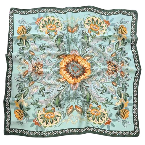 GIMIRO Frauen 70x70cm Schal Simulierte Seide Blumen Schal Krawatte Hahnentritt-Bandana (Green Orange Flower FJ928-2) von GIMIRO