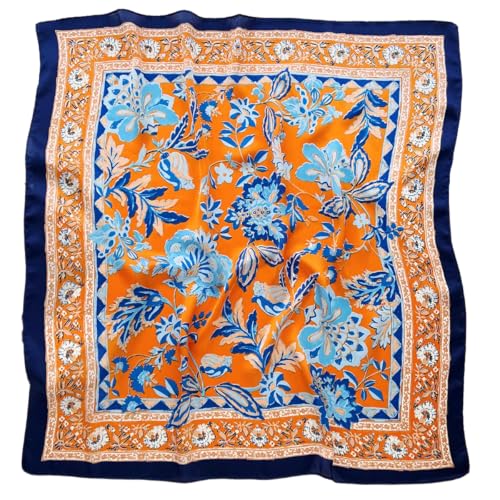 GIMIRO Frauen 70x70cm Schal Simulierte Seide Blumen Schal Krawatte Hahnentritt-Bandana (Orange Blue Flower FJ926-2) von GIMIRO
