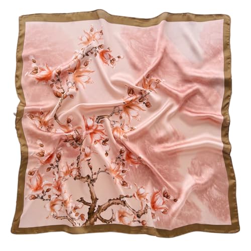 GIMIRO Frauen 70x70cm Schal Simulierte Seide Blumen Schal Krawatte Hahnentritt-Bandana (Pink Brown Orange Flower FJ930-1) von GIMIRO
