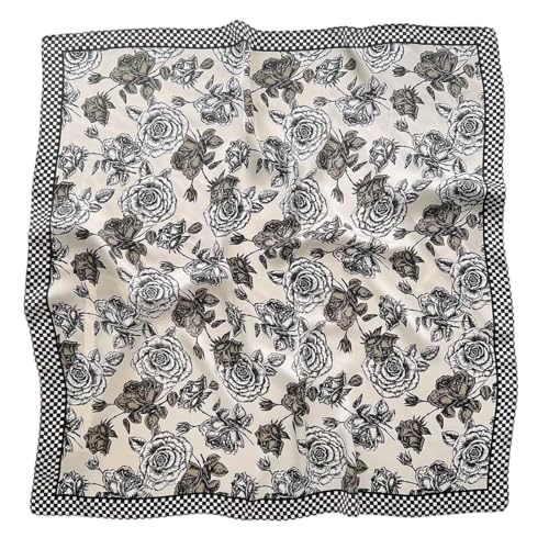 GIMIRO Frauen 70x70cm Schal Simulierte Seide Blumen Schal Krawatte Hahnentritt-Bandana (White Black Plaid Light Coffee Rose FJ931-2) von GIMIRO