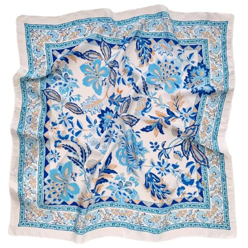 GIMIRO Frauen 70x70cm Schal Simulierte Seide Blumen Schal Krawatte Hahnentritt-Bandana (White Blue Flower FJ926-4) von GIMIRO