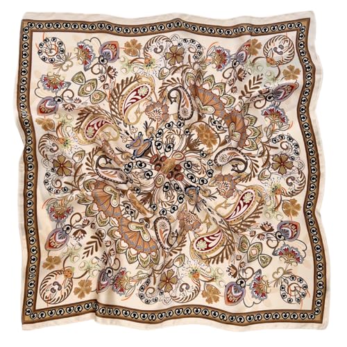 GIMIRO Frauen 70x70cm Schal Simulierte Seide Blumen Schal Krawatte Hahnentritt-Bandana (Cream Brown Flower FJ927-1) von GIMIRO