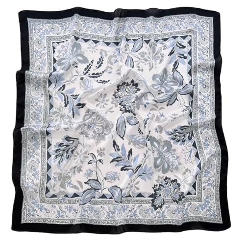 GIMIRO Frauen 70x70cm Schal Simulierte Seide Blumen Schal Krawatte Hahnentritt-Bandana (White Black Blue Flower FJ926-1) von GIMIRO