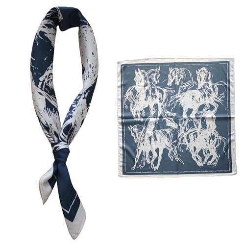 GIMIRO Männer simulierte Seidenschal 53x53cm Marineblau mit Weiß, Polyester Halstuch für Business und Freizeit (Blackish Blue Ivory Horses) von GIMIRO