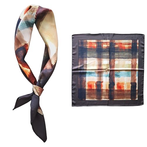 GIMIRO Männer simulierte Seidenschal 53x53cm Polyester-Satin Halstuch mit Abstraktem Muster in Beige-Grau-Koralle (Coffee Orange Yellow Green Plaid) von GIMIRO