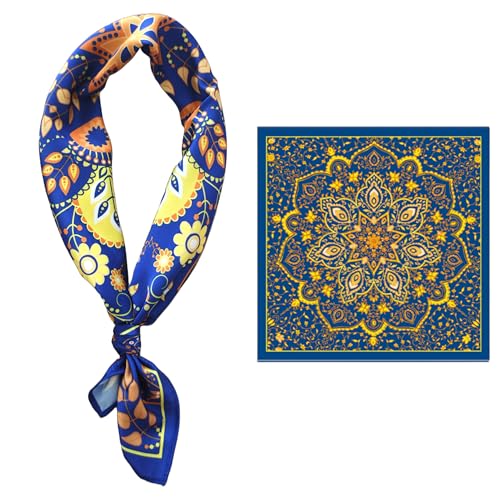 GIMIRO Männer simulierte Seidenschal 53x53cm Polyester-Satin Halstuch mit Mandala-Muster in Königsblau und Gold (Blue Orange Yellow Flowers JY) von GIMIRO