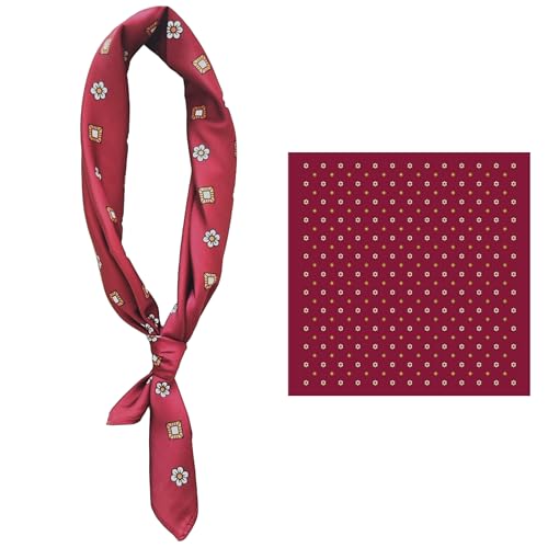 GIMIRO Männer simulierte Seidenschal 53x53cm Seidentuch Burgunderrot mit Blumen- und Quadratmuster, Polyester Halstuch, Elegantes Design (Claret Retro Small Flower Squares) von GIMIRO