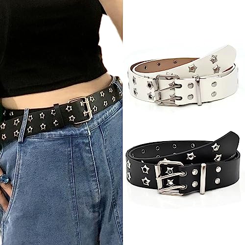 GIMIRO Punk Gürtel Damen Gürtel für Jeans, Bund für Mantel, Hohlnietengürtel,Doppelreihe von Sternlöchern,Stabile quadratische Schnalle mit 2 Pins (Black + White) von GIMIRO