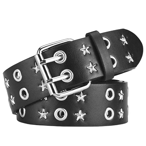GIMIRO Punk Gürtel Damen Gürtel für Jeans, Bund für Mantel, Hohlnietengürtel,Doppelreihe von Sternlöchern,Stabile quadratische Schnalle mit 2 Pins (Black 2 Row Star Hole) von GIMIRO
