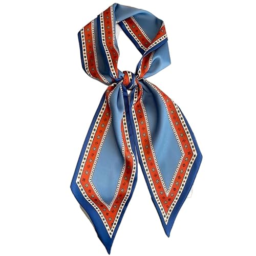GIMIRO Satin Seidenschal 148 x 13,5 cm Damen Schal Geometrisches Streifenmuster in Hellblau-Navy-Orange (Blue Orange Retro) von GIMIRO