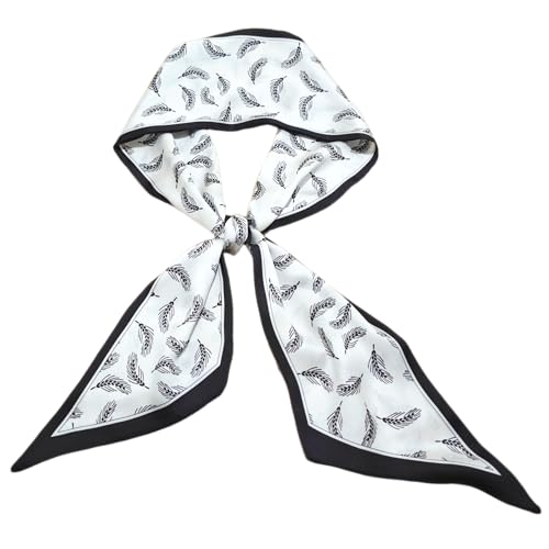 GIMIRO Satin Seidenschal 148 x 13,5 cm Eleganter Damenschal mit Weizenähren-Muster, Schwarz-Weiß, Quadratisch mit Kontrastrand (White - Black Wheat Ear) von GIMIRO