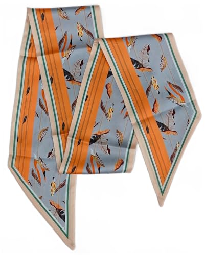 GIMIRO Satin Seidenschal 148 x 13,5 cm Krawatte Double Layer Bund für Blazer, Mantel, Kleid (20# Orange/Pale Blue Leaf) von GIMIRO