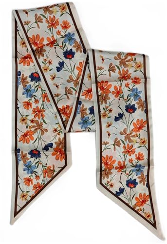 GIMIRO Satin Seidenschal 148 x 13,5 cm Krawatte Double Layer Bund für Blazer, Mantel, Kleid (22# Beige/Orange/Blue Floral) von GIMIRO
