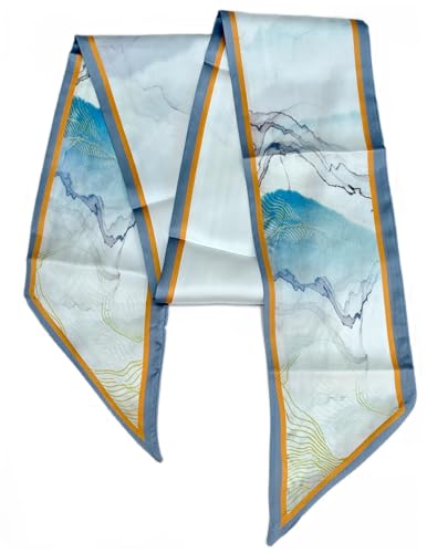 GIMIRO Satin Seidenschal 148 x 13,5 cm Krawatte Double Layer Bund für Blazer, Mantel, Kleid (23# Blue/Orange/Pale Chinese Traditional Painting) von GIMIRO