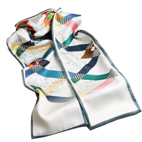 GIMIRO Satin Seidenschal Doppelschichten 150 x 16cm Eleganter Schal mit Geometrischem Muster, Mehrfarbig, Weiß mit Grau-Blauer Bordüre, Abstrakte Streifen-Design (White Colorful Stripes) von GIMIRO